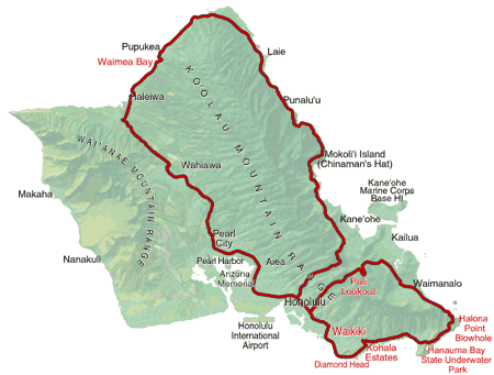 Grand Circle Island of Oahu Route Map